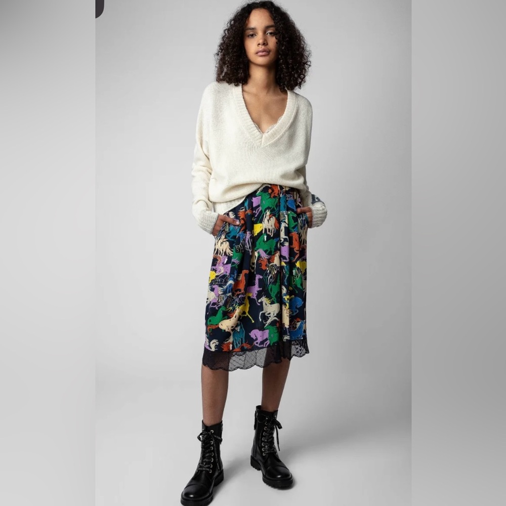 ZADIG & VOLTAIRE 100% Silk “Jenny Horses” Abstract Multi Color Midi Skirt (XS)